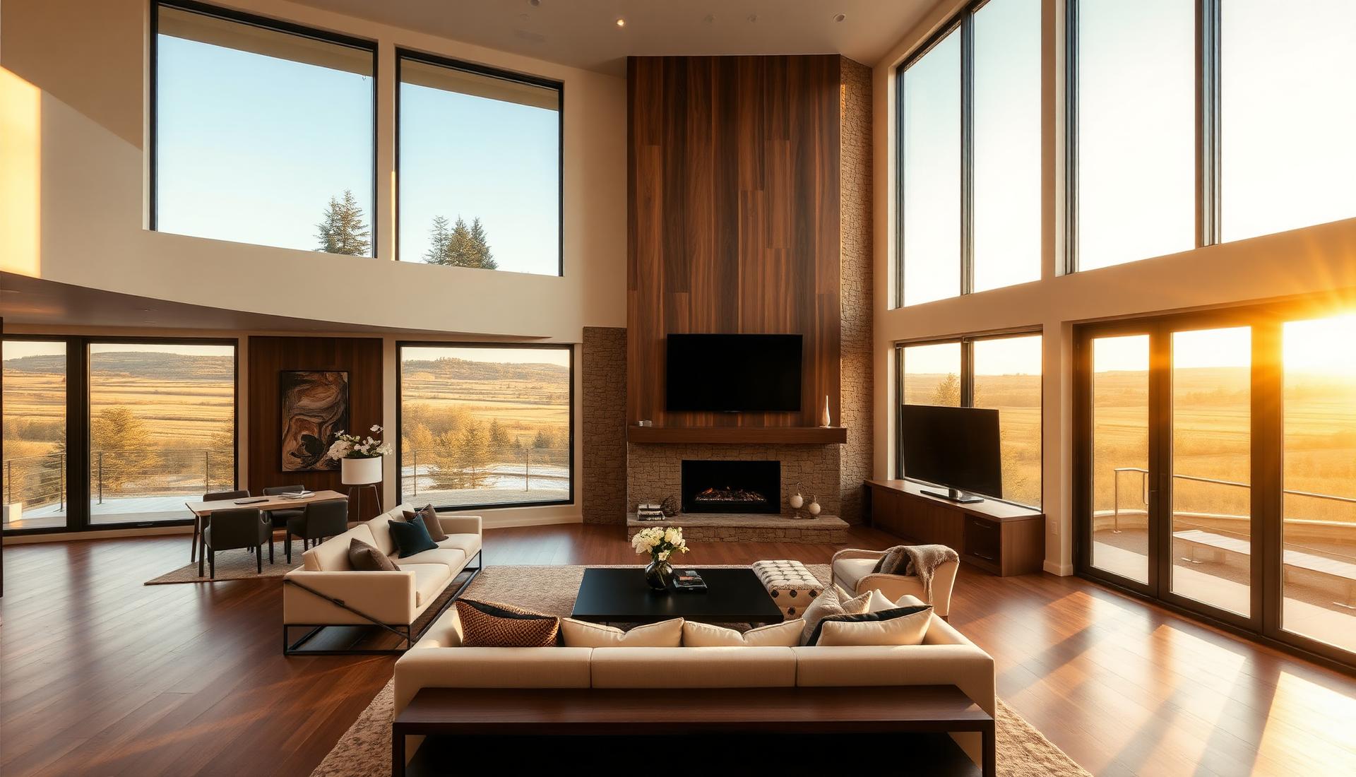 Luxury custom home interior at golden hour